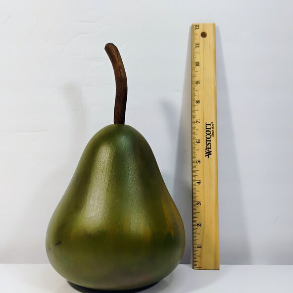 Vtg Hand carved & Painted Pear Wooden Green Fruit & Geometric Base Coaster Set - Picture 5 of 12